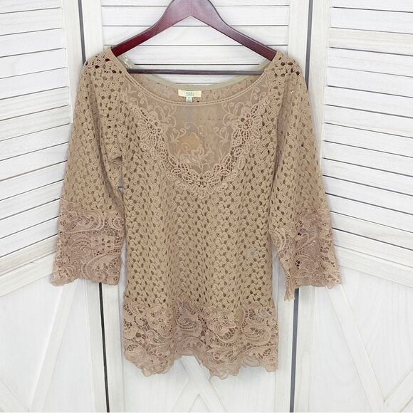 Kori Boho Cottagecore Crochet‎ Lace Hems Bell Sleeve Tunic Top Mocha Tan Small - Picture 9 of 14